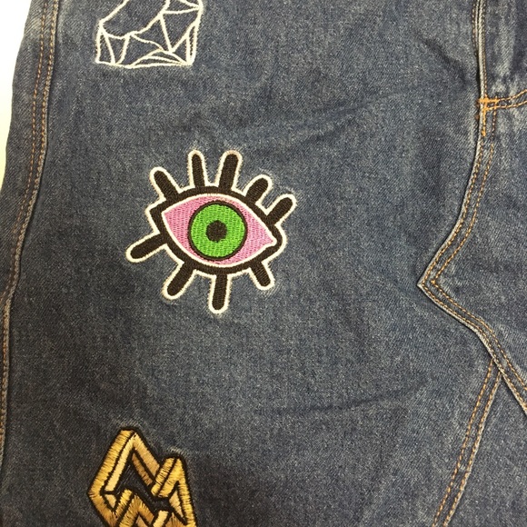 H&M women’s denim blue jean skirt size 6 embroidered rainbow kiss heart comfy - Picture 5 of 6